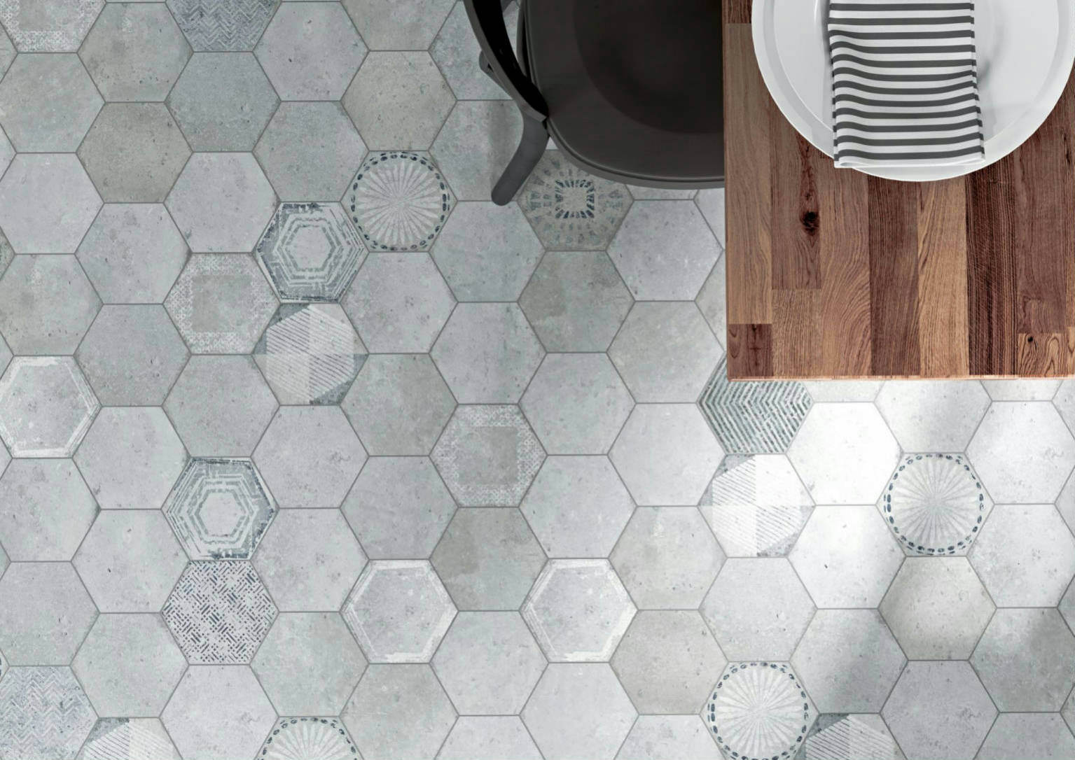 Alma 5.5x6.3” Grey and Grey Decor Hexagon |  Carpet Barn Carpet One Inc.
