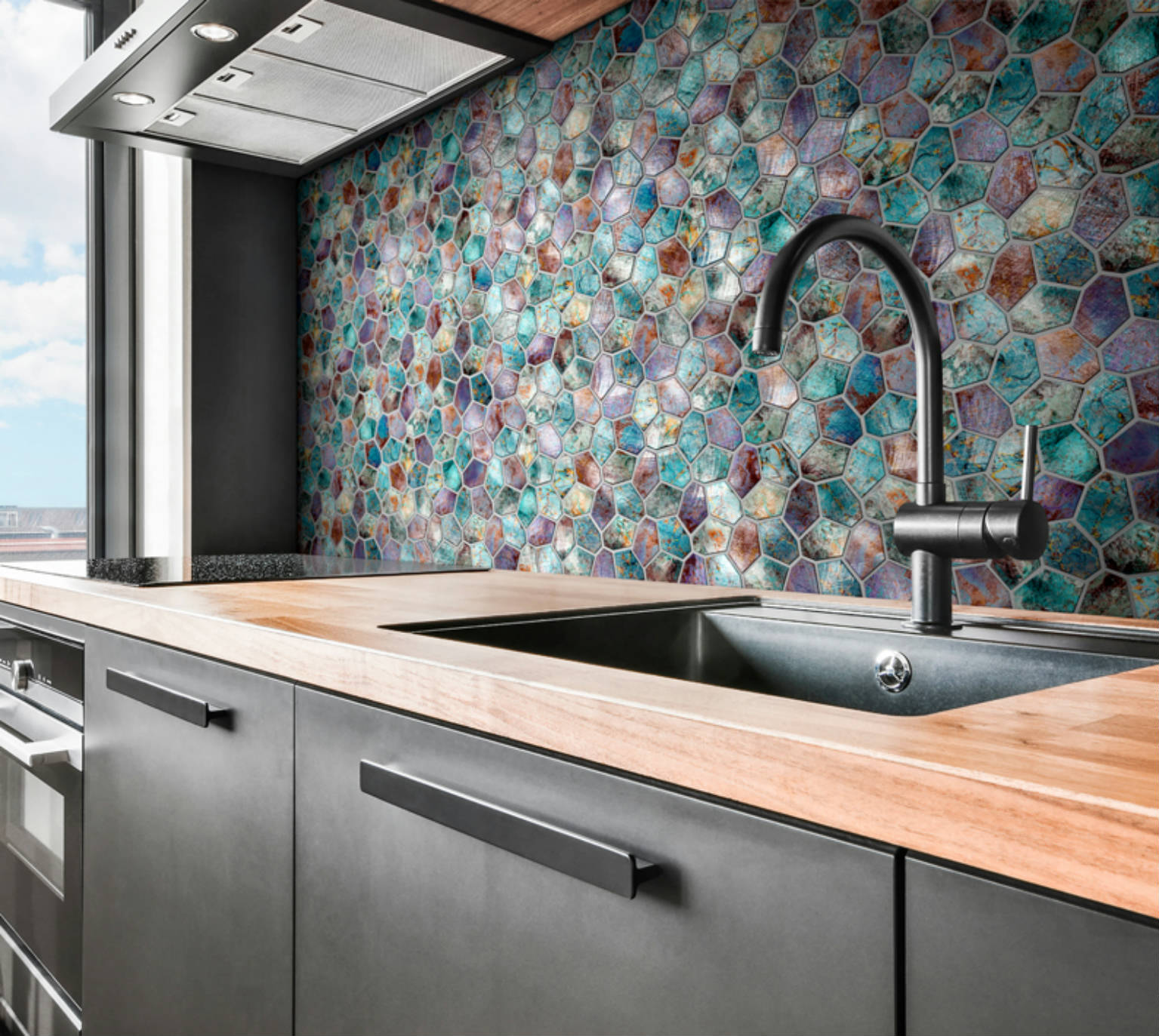 Hexagon Mix Metallic Green Rust Mosaic |  Carpet Barn Carpet One Inc.
