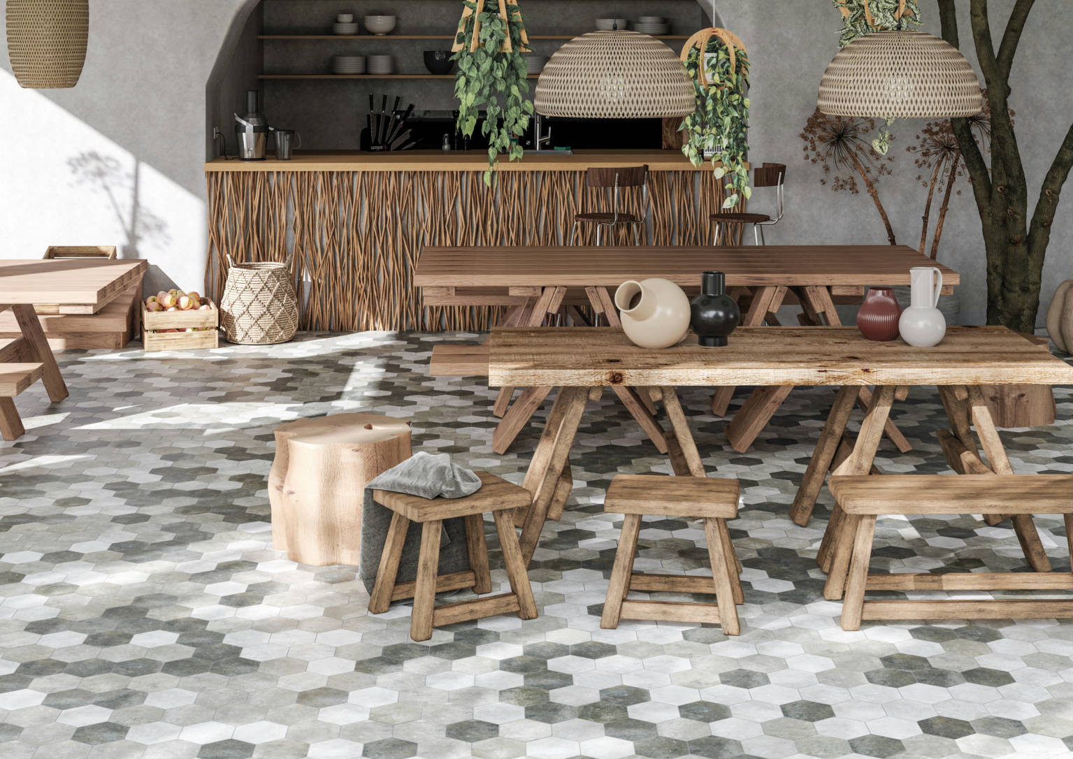 Seville 5.5X6.3” Grey, Black, and White Hexagon |  Carpet Barn Carpet One Inc.