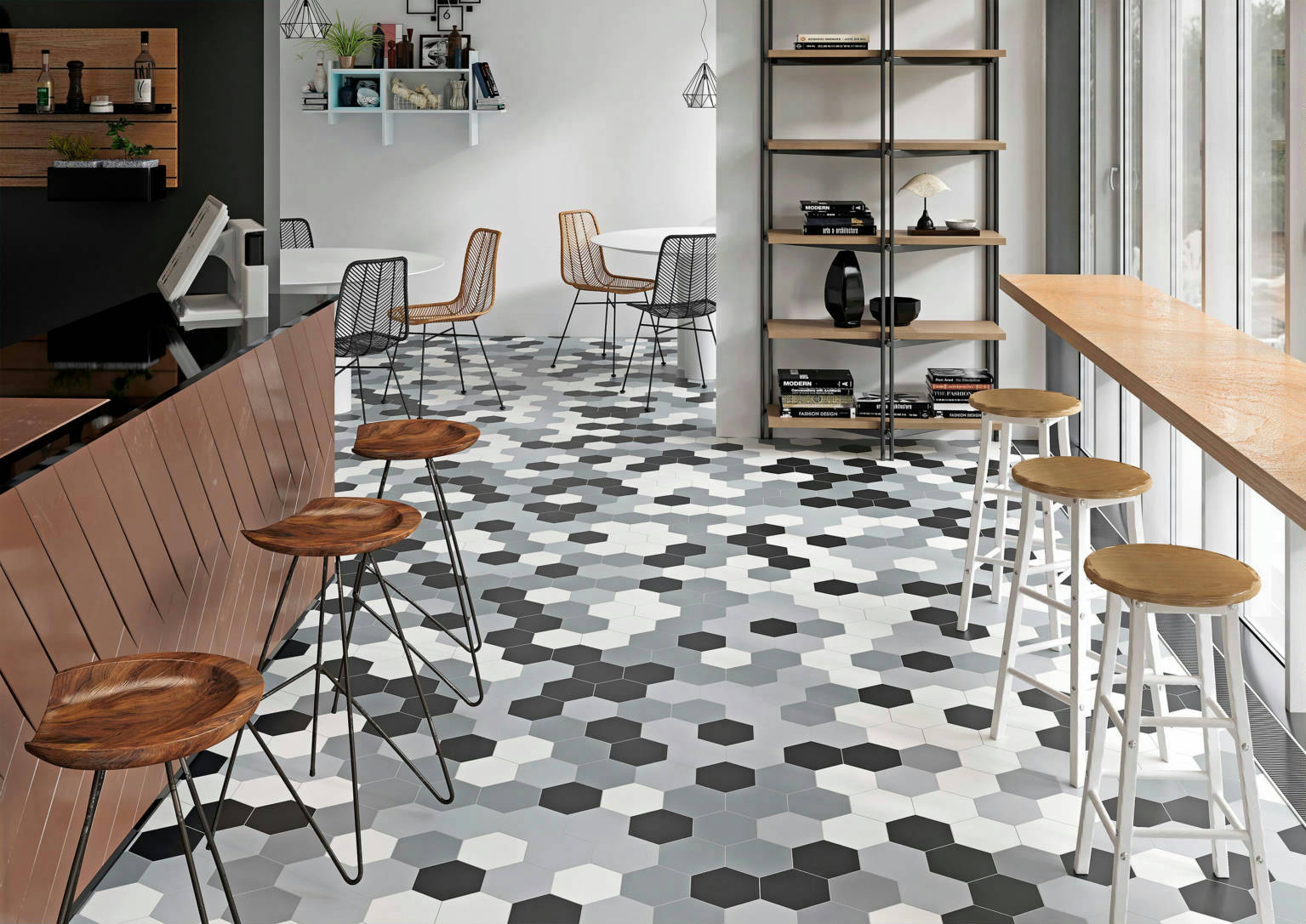 Vida 5.5X6.3” Black, Grey, Pearl, and White  Hexagons |  Carpet Barn Carpet One Inc.